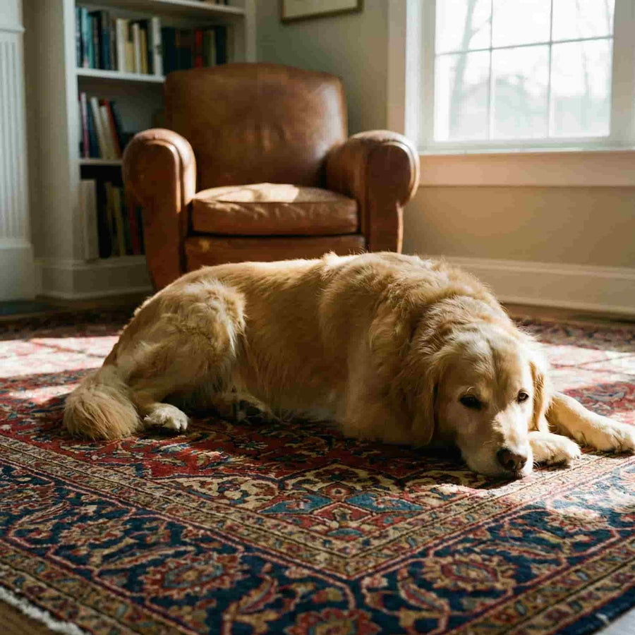een hond op tapijt
