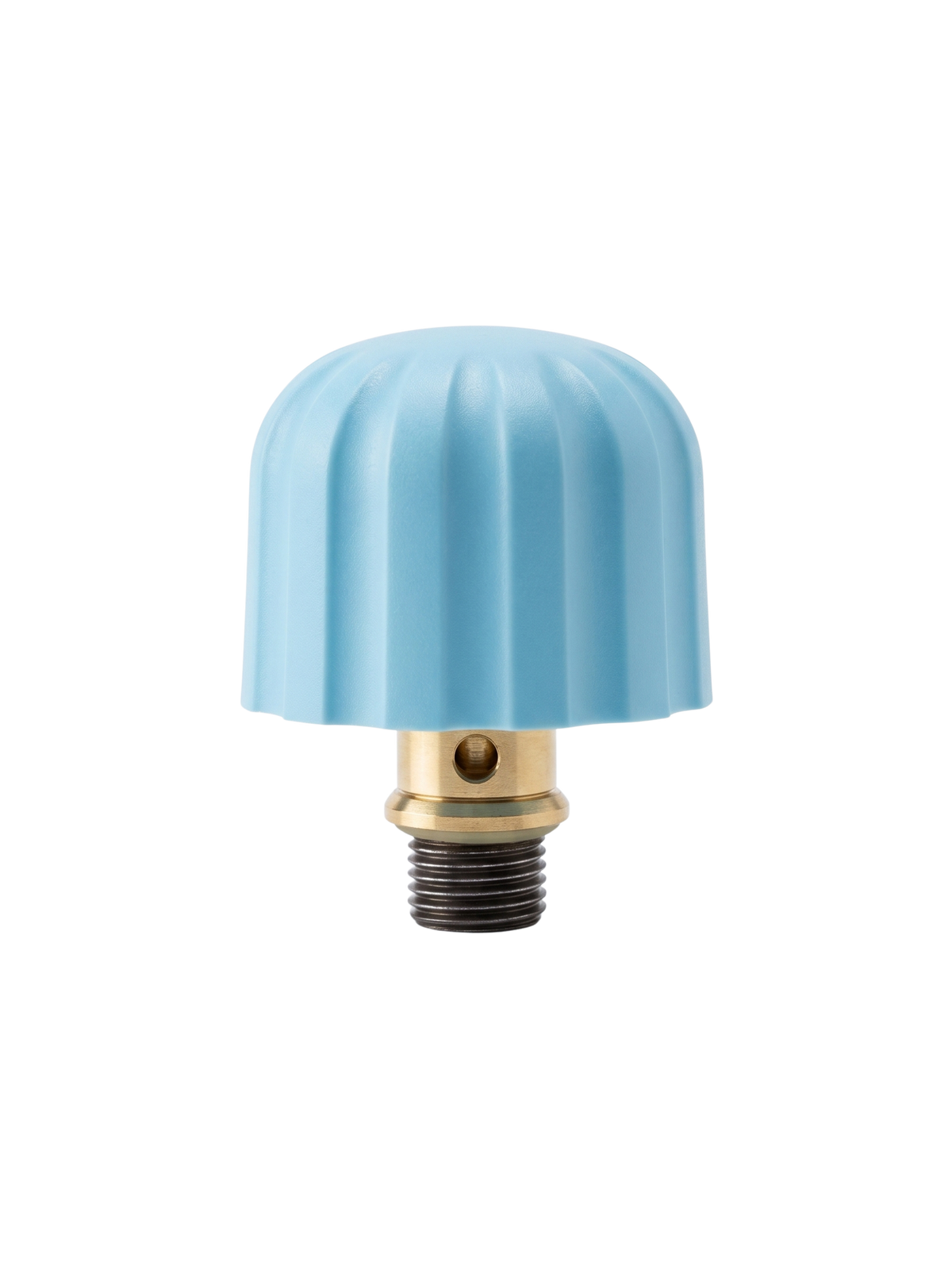 Blue ribbed plastic knob attached to a brass metal base with threaded connector, likely a replacement part for a steam cleaner or pressure washer.