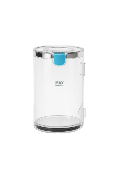 Transparent cylindrical water tank with a blue latch and MAX fill line, designed for use with steam cleaners or vacuum cleaners.
