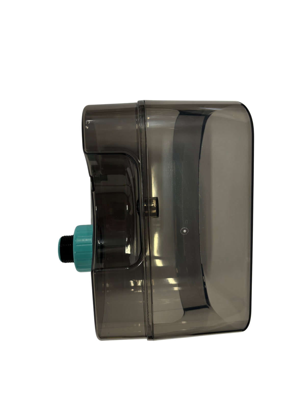 Transparent detachable water tank with a turquoise valve, designed for use with handheld steam cleaners or cleaning appliances.