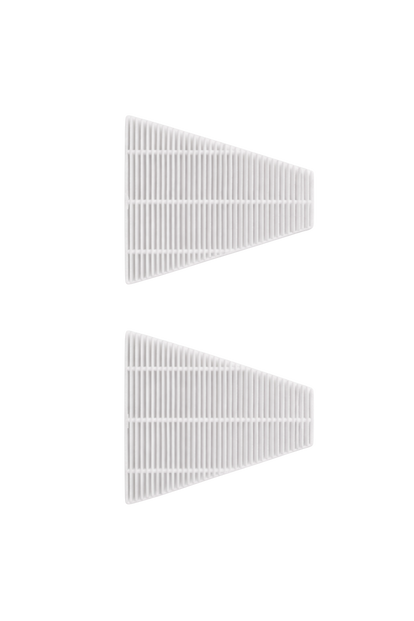 Two white triangular plastic grates with evenly spaced rectangular openings, isolated on a white background.