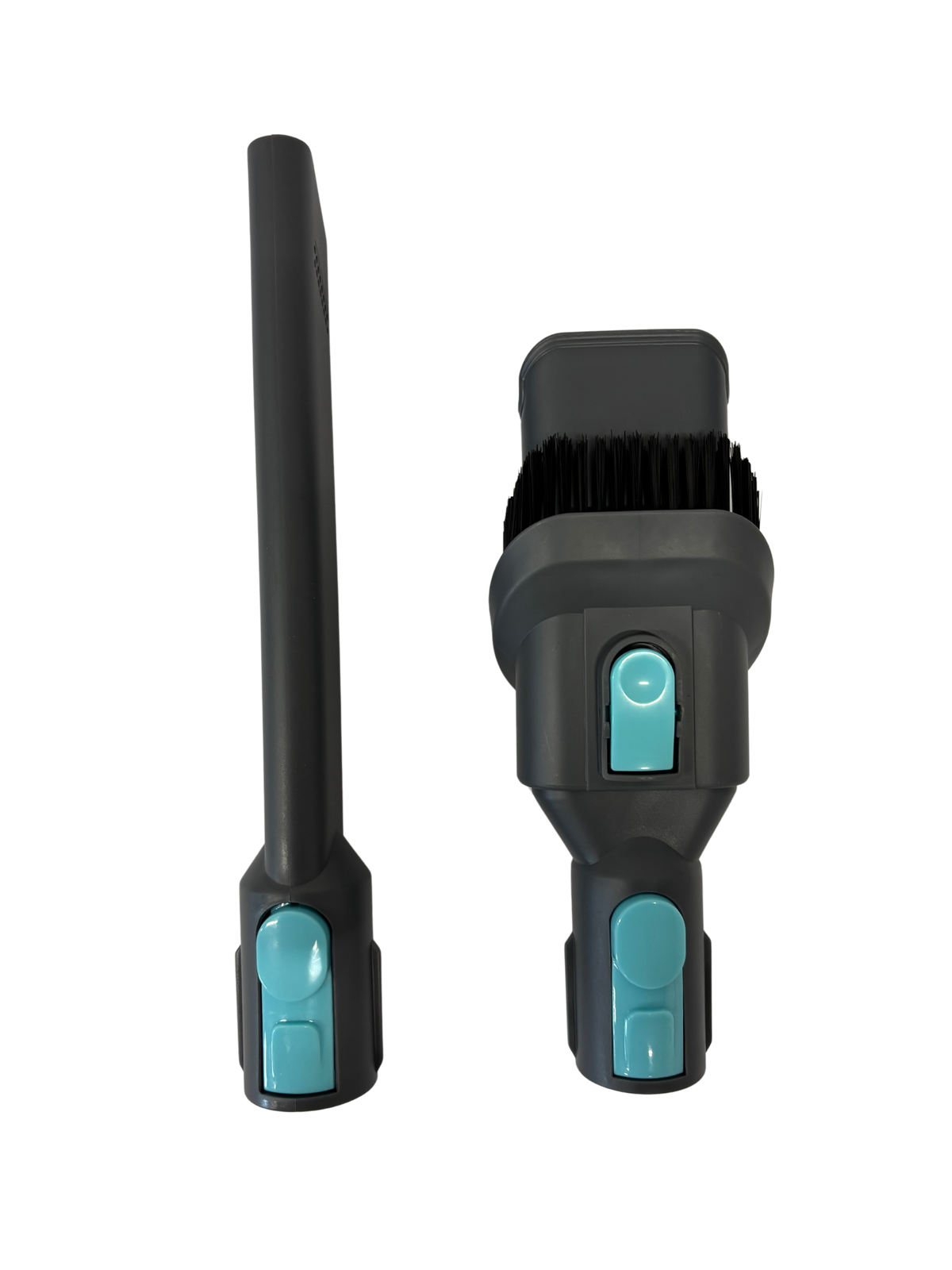 Two dark gray and turquoise cleaning brush attachments for a steam cleaner or vacuum, shown from side and front angles.