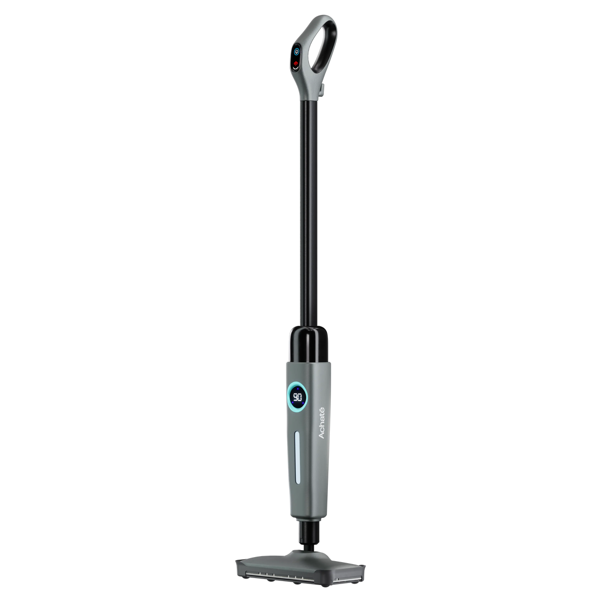 Cordless lightweight stick vacuum cleaner in gray and black with digital display on the handle for versatile multi-surface cleaning.