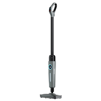 Cordless lightweight stick vacuum cleaner in gray and black with digital display on the handle for versatile multi-surface cleaning.