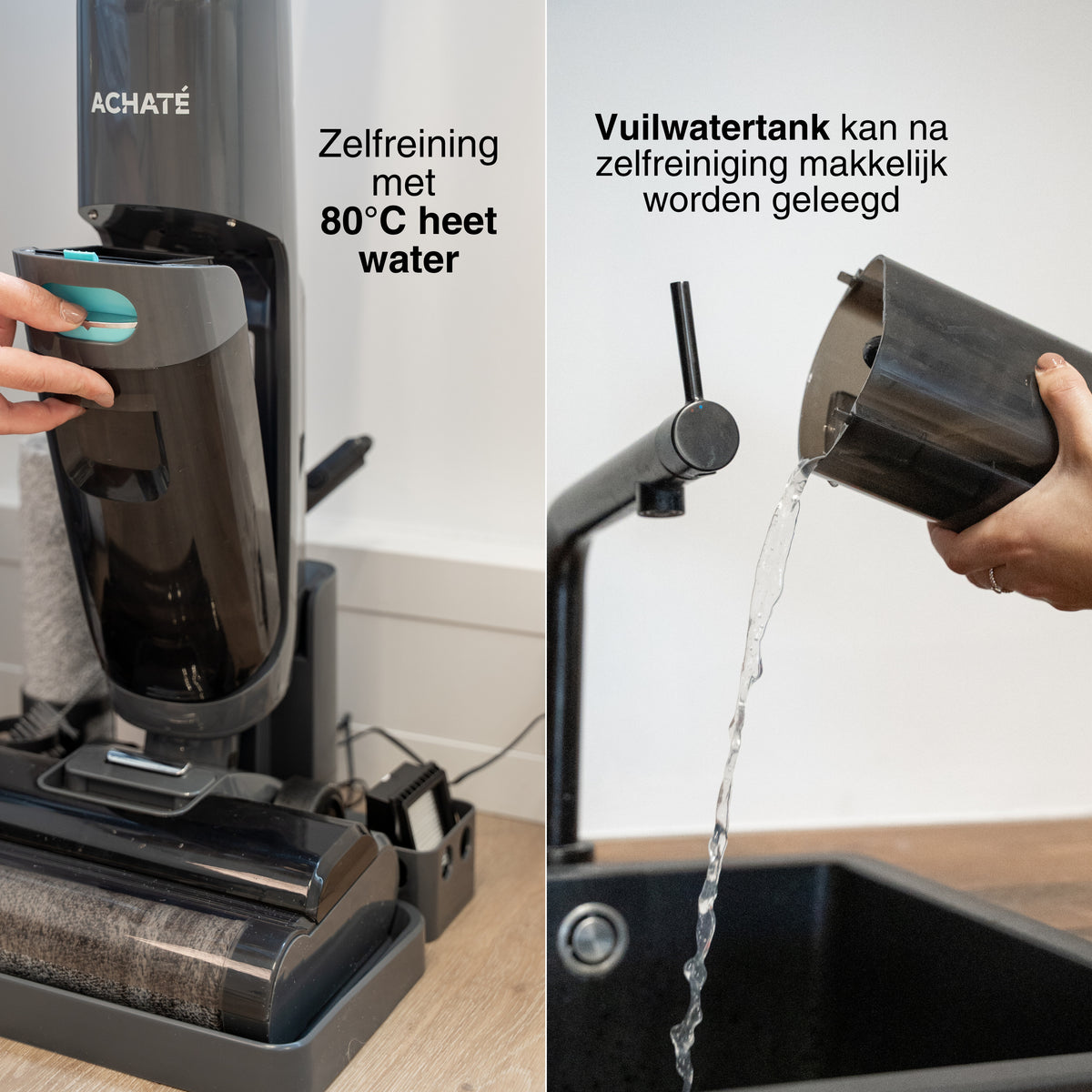 Close-up of a person removing a detachable water tank from a black steam cleaner for easy emptying and self-cleaning with hot water.