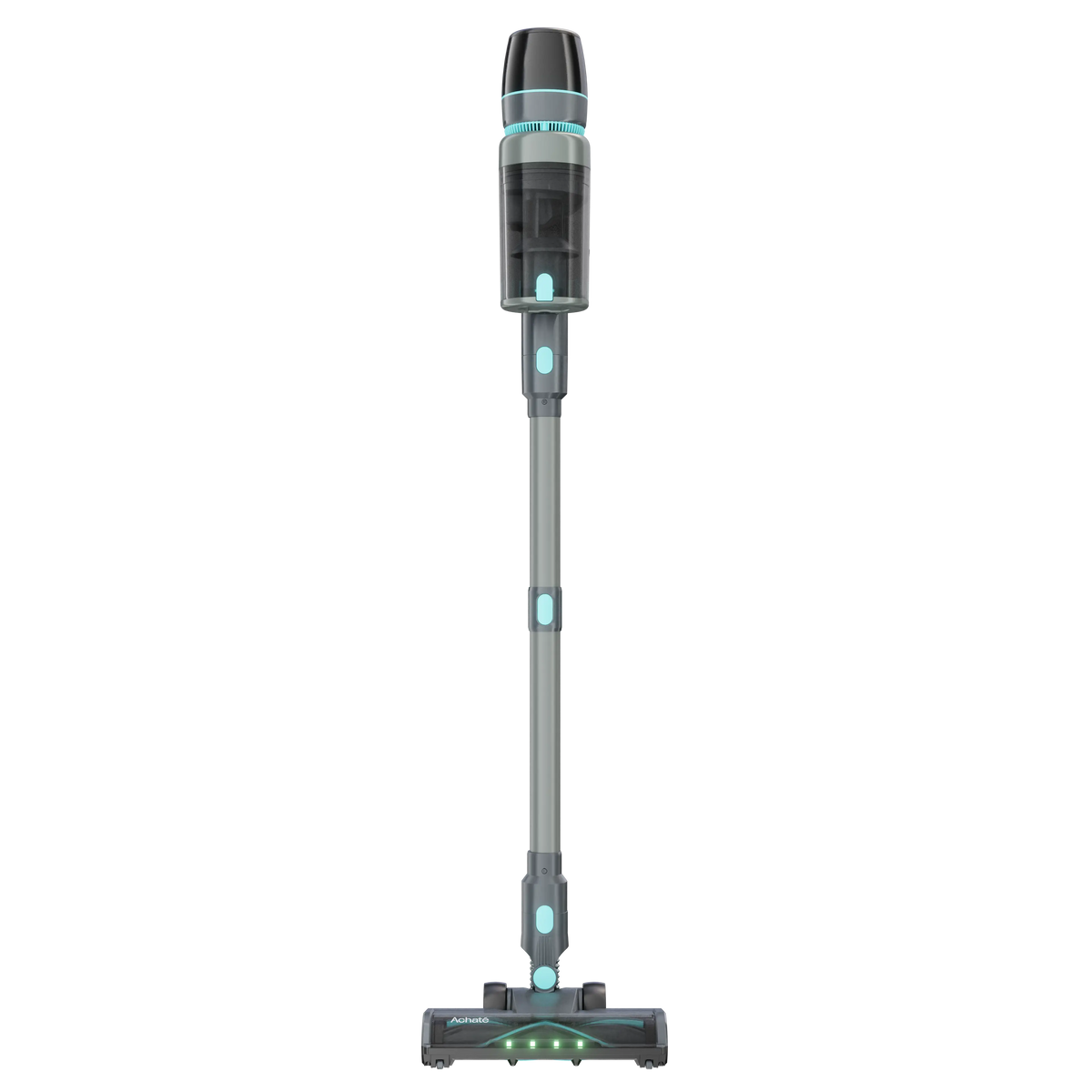 Sleek cordless stick vacuum cleaner in black and teal with a transparent dust container and LED lights on the cleaning head for multi-surface use.