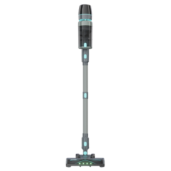 Sleek cordless stick vacuum cleaner in black and teal with a transparent dust container and LED lights on the cleaning head for multi-surface use.