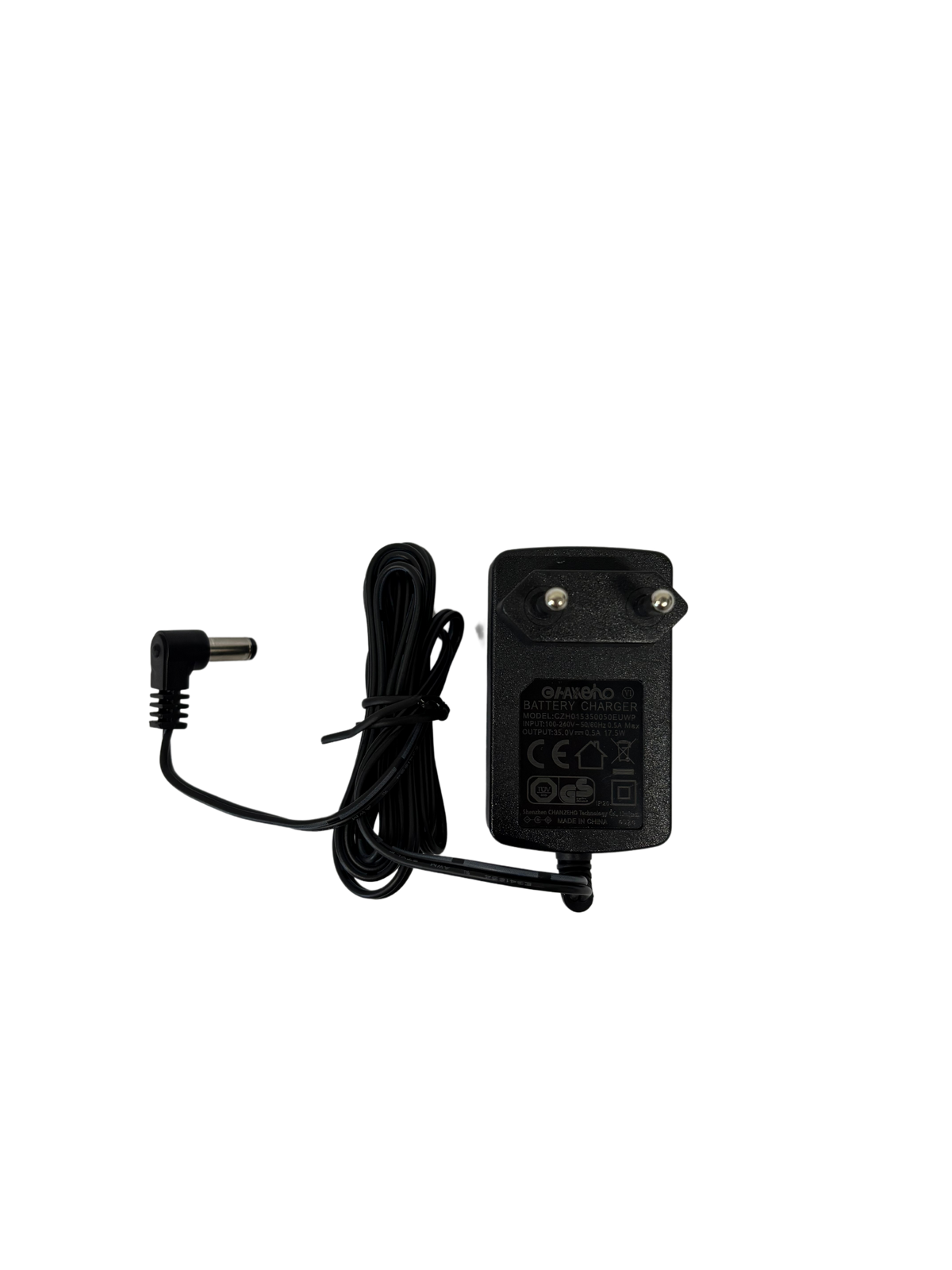 Black battery charger with two-prong plug and attached coiled power cord with angled connector for electronic device charging