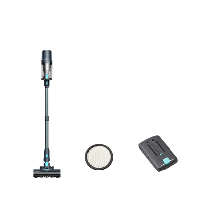 Cordless stick vacuum cleaner with bagless design, cylindrical dust container, round HEPA filter, and rechargeable battery pack.
