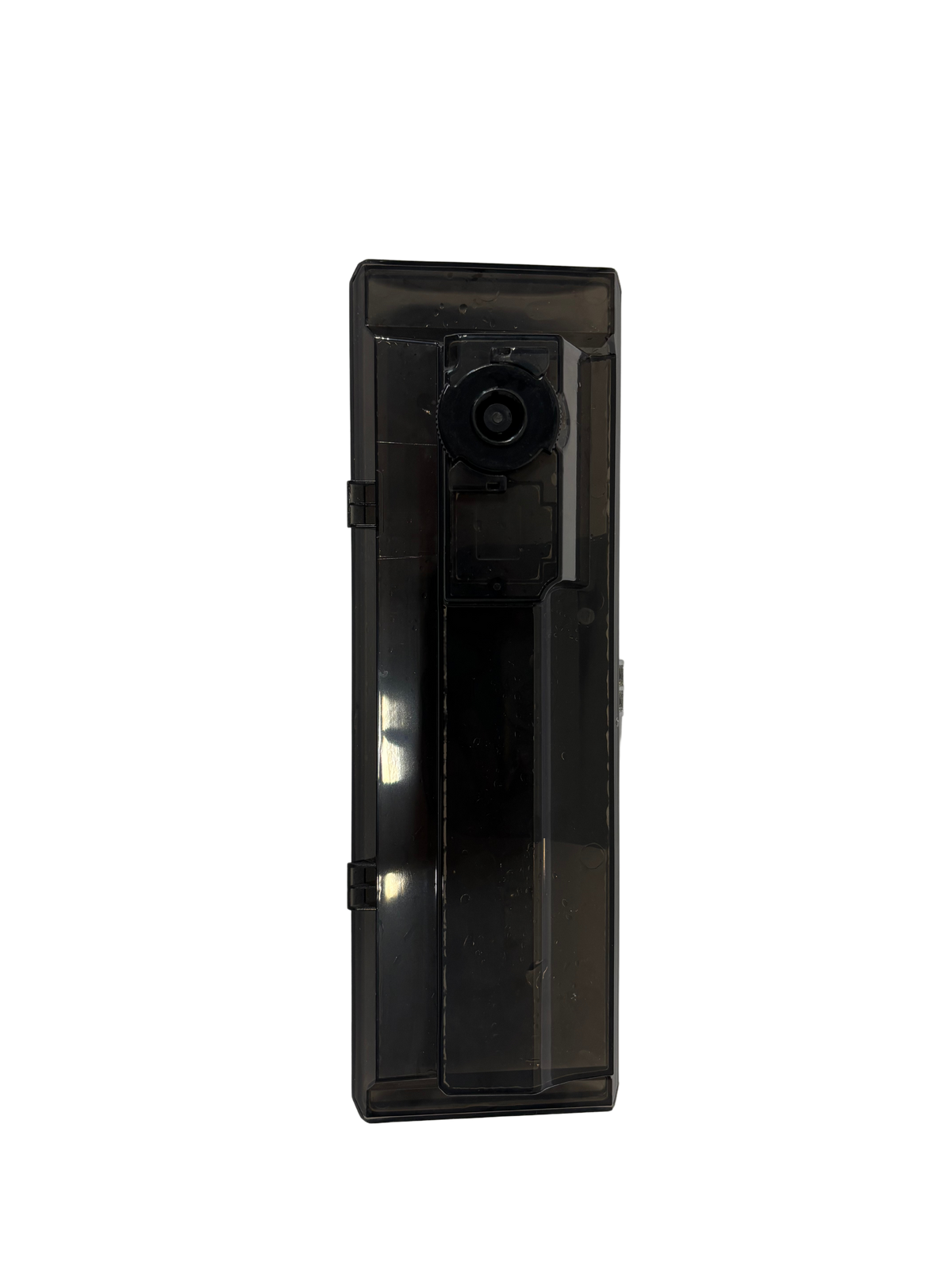 Transparent dark plastic water tank or dust container with a circular valve or connector on one side for a cleaning device accessory