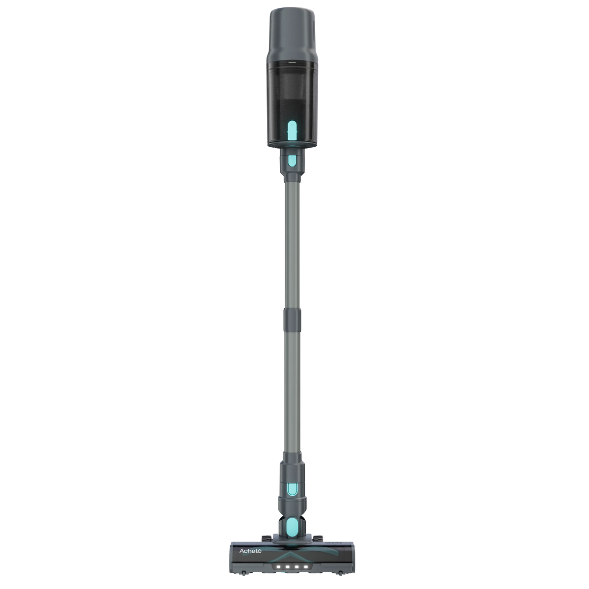 Cordless stick vacuum cleaner with bagless design, sleek dark gray body, and turquoise accents, suitable for multi-surface cleaning.