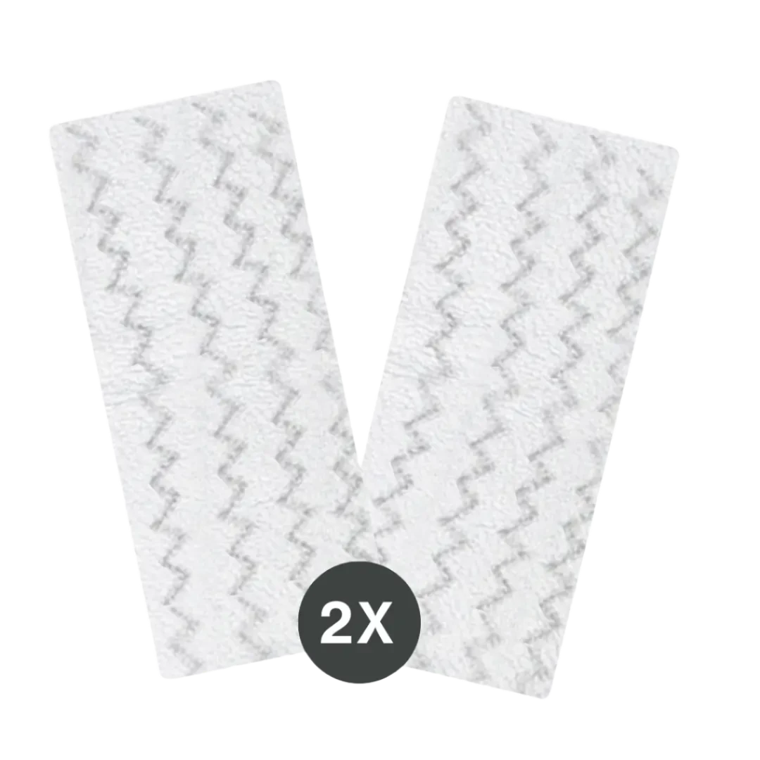 Two white rectangular microfiber cleaning pads with zigzag gray patterns designed for multi-surface steam cleaners, shown as a set of two.