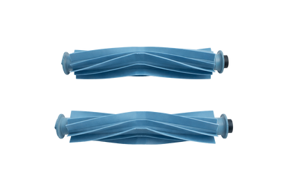 Two blue flexible rubber vacuum brush rollers designed for deep cleaning carpets and upholstery, shown isolated on white background.