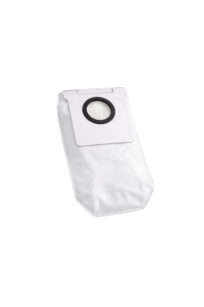 White bagless vacuum cleaner filter bag with a circular black and white cardboard collar for attachment, designed for debris collection.