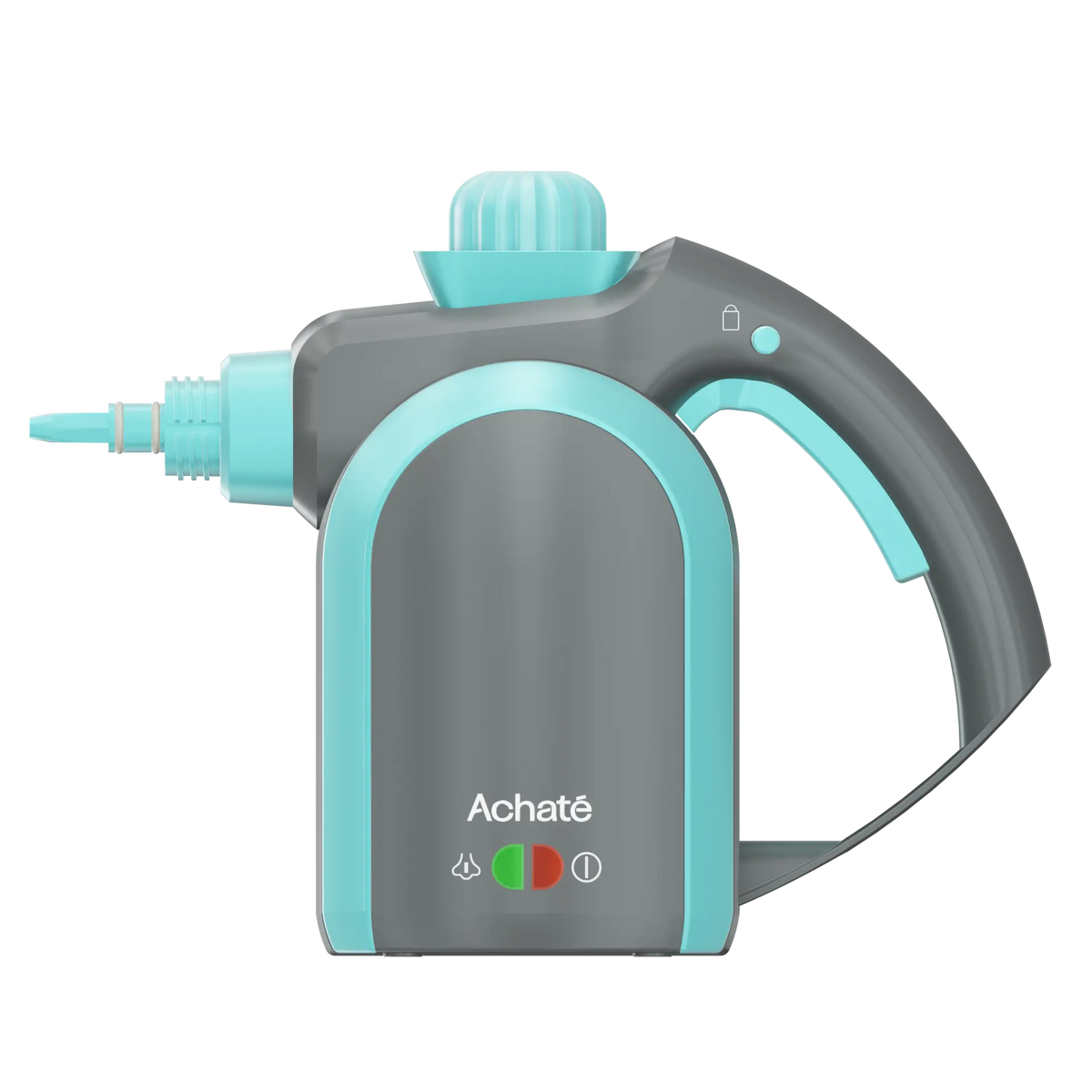 Compact handheld steam cleaner with ergonomic handle, gray body, and turquoise accents designed for chemical-free deep cleaning and stain removal.