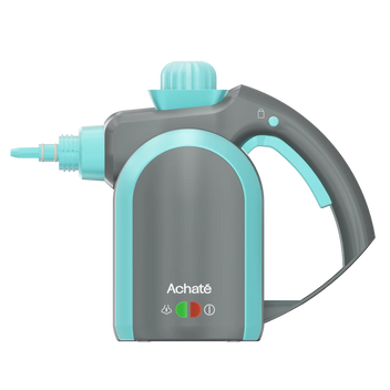 Compact handheld steam cleaner with ergonomic handle, gray body, and turquoise accents designed for chemical-free deep cleaning and stain removal.