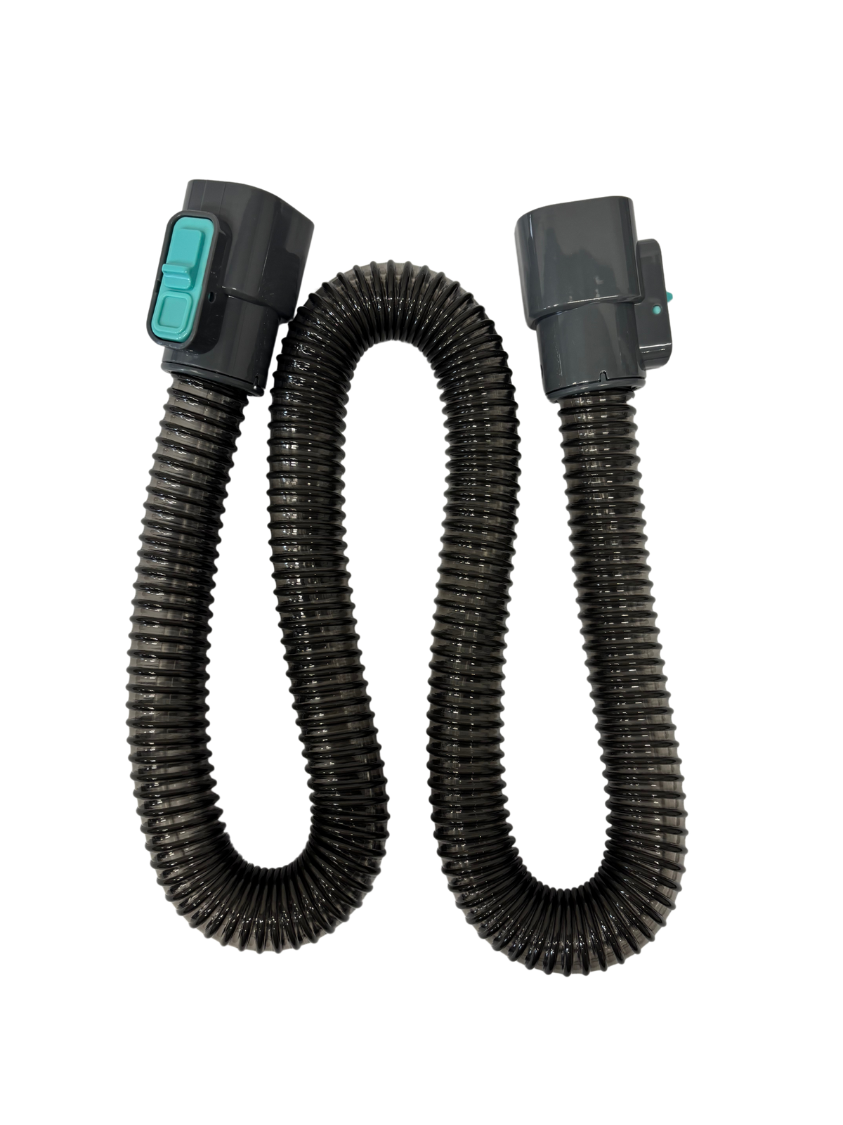Flexible black corrugated vacuum cleaner hose with gray connectors and turquoise locking buttons on each end.