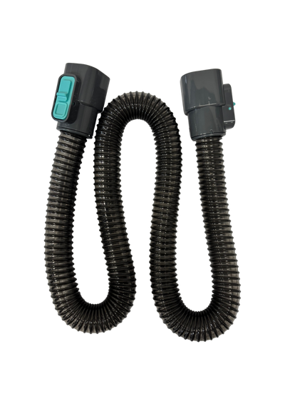 Flexible black corrugated vacuum cleaner hose with gray connectors and turquoise locking buttons on each end.