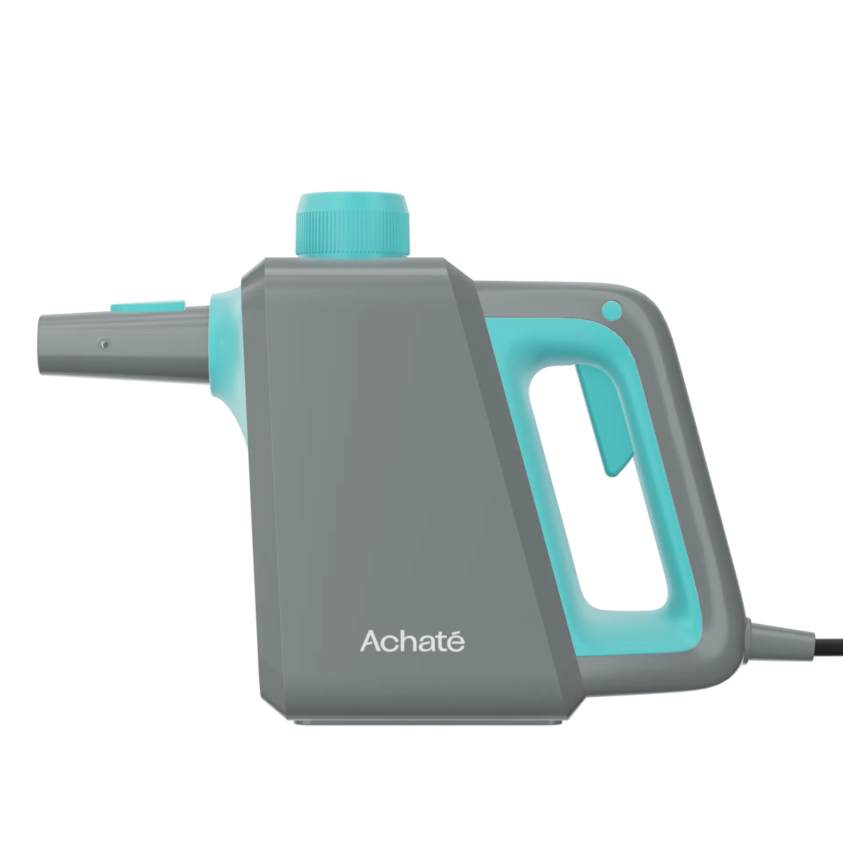 Compact gray and turquoise handheld steam cleaner with ergonomic handle and nozzle, designed for chemical-free deep cleaning and stain removal.