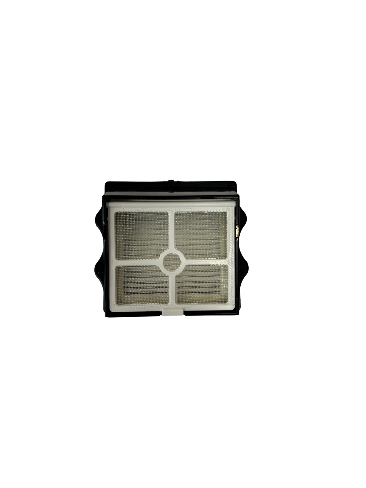 Close-up of a rectangular white and black vacuum cleaner filter with mesh and grid structure, designed for trapping dust and debris.