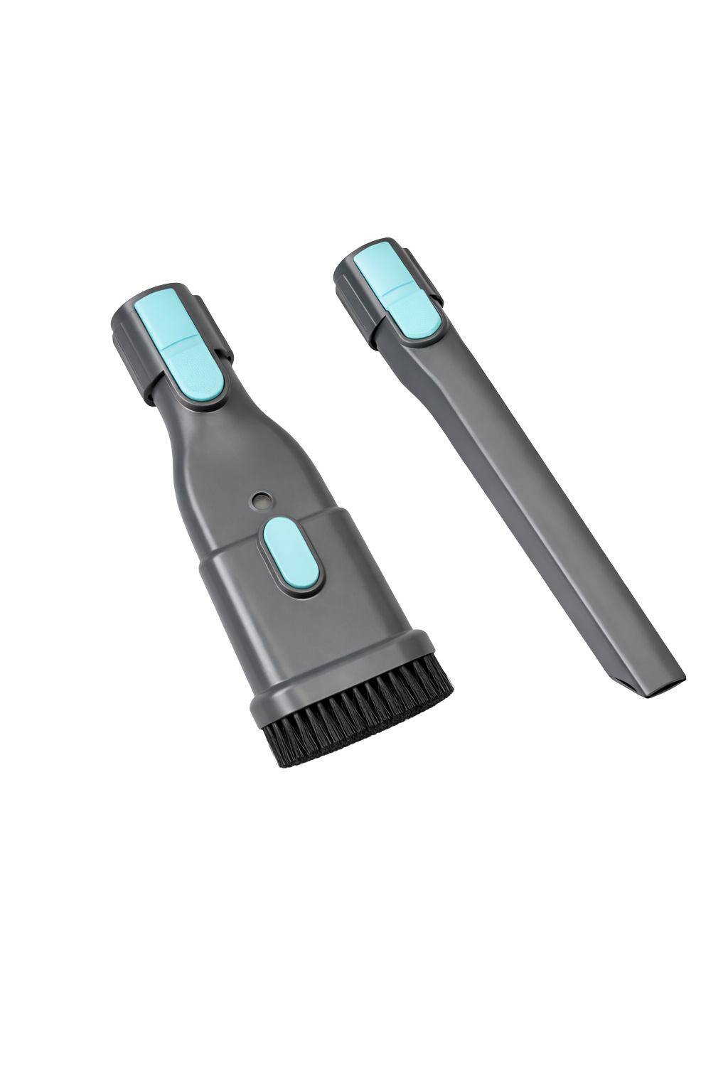 Two gray and blue cleaning tool attachments, one with a brush head and the other a narrow nozzle, designed for versatile multi-surface cleaning.
