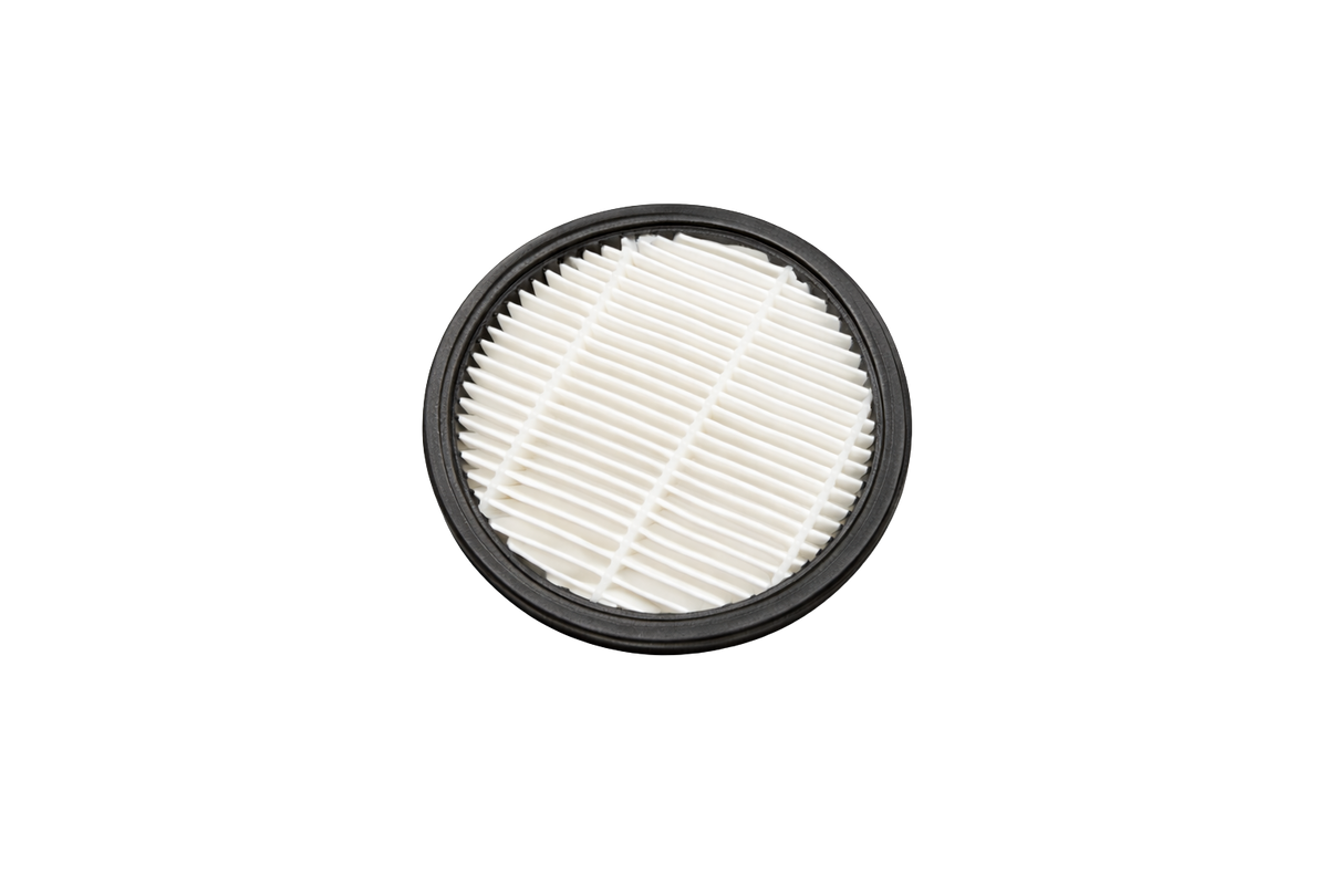 Round white pleated filter with black rubber rim for vacuum cleaner or steam cleaner accessory replacement