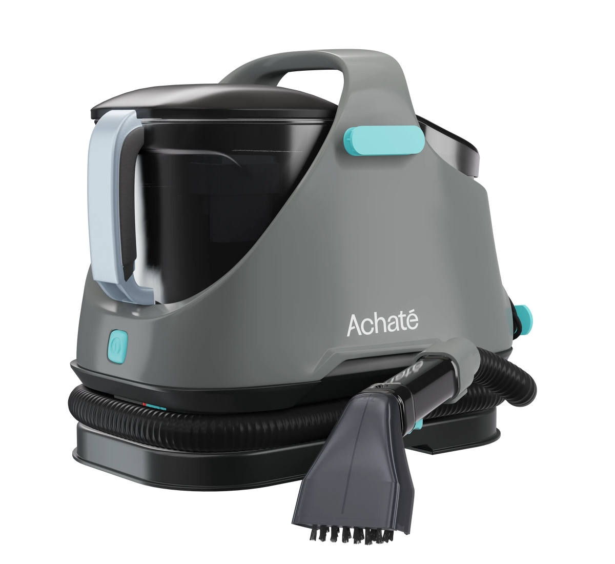 Gray and black Achaté handheld steam cleaner with a flexible hose and a brush attachment designed for chemical-free, deep cleaning on multiple surfaces.