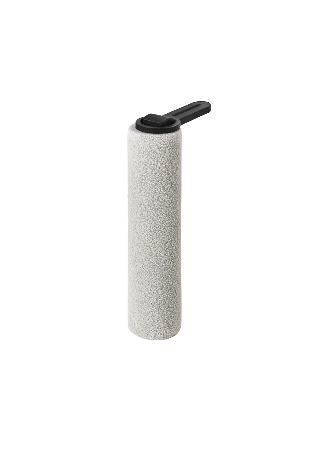 Gray textured lint roller with a black plastic handle designed for removing pet hair and debris from fabric surfaces.