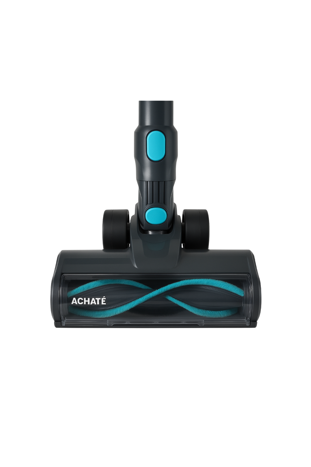 Close-up of a black and blue vacuum cleaner brush head with soft rollers and wheels, designed for carpet and upholstery cleaning.