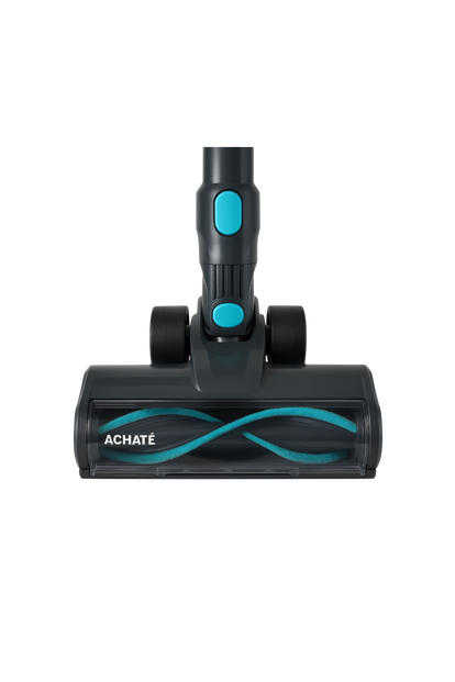 Close-up of a black and blue vacuum cleaner brush head with soft rollers and wheels, designed for carpet and upholstery cleaning.