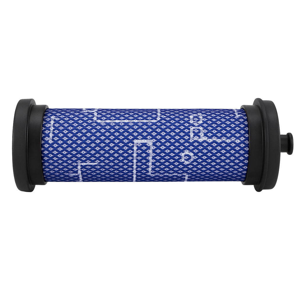 Blue and white cylindrical vacuum filter with black end caps designed for bagless vacuum cleaners and multi-surface cleaning tools
