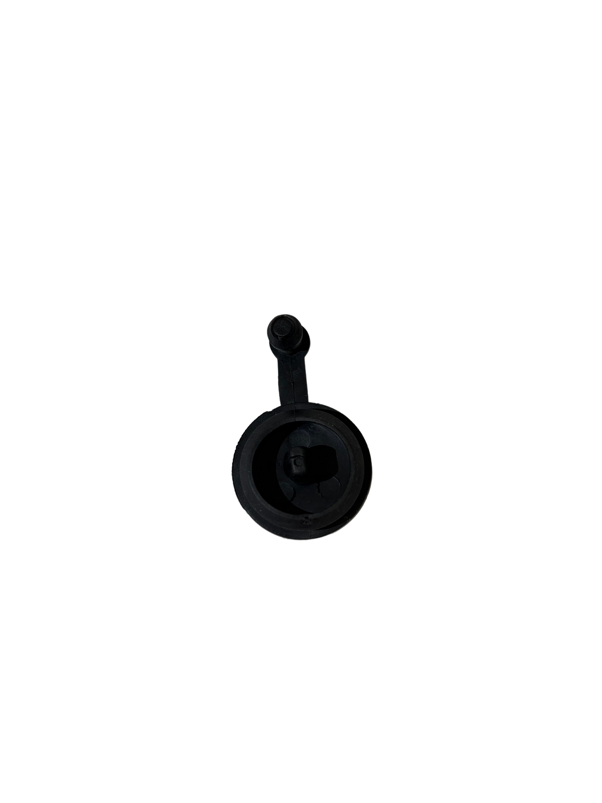 Black circular plastic vacuum cleaner or steam cleaner accessory part with a small protruding connector on a white background