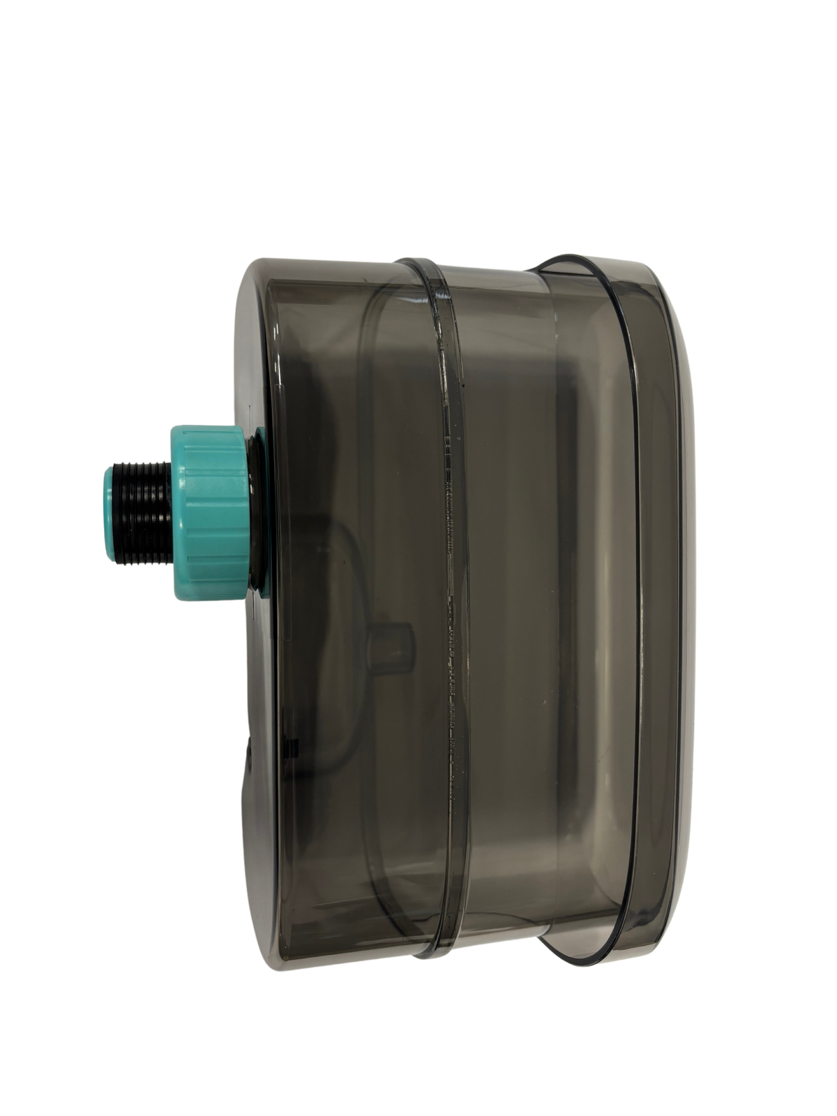 Transparent dark gray water tank with a turquoise connector, designed for use with steam cleaners or vacuum cleaning devices.