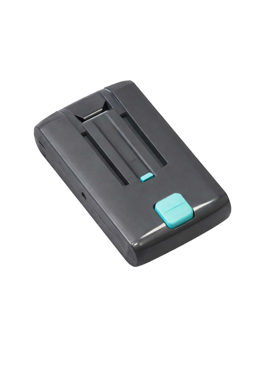 Black rectangular vacuum cleaner battery pack with a teal release latch and compact design for cordless use