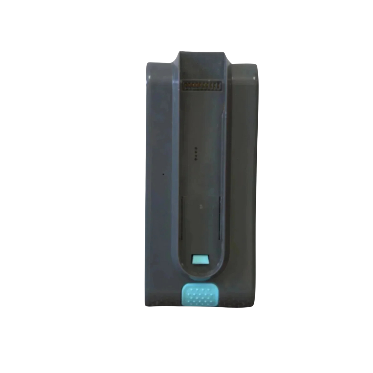 Dark gray rectangular vacuum cleaner battery pack with a light blue release button and vent details on top and front sides.