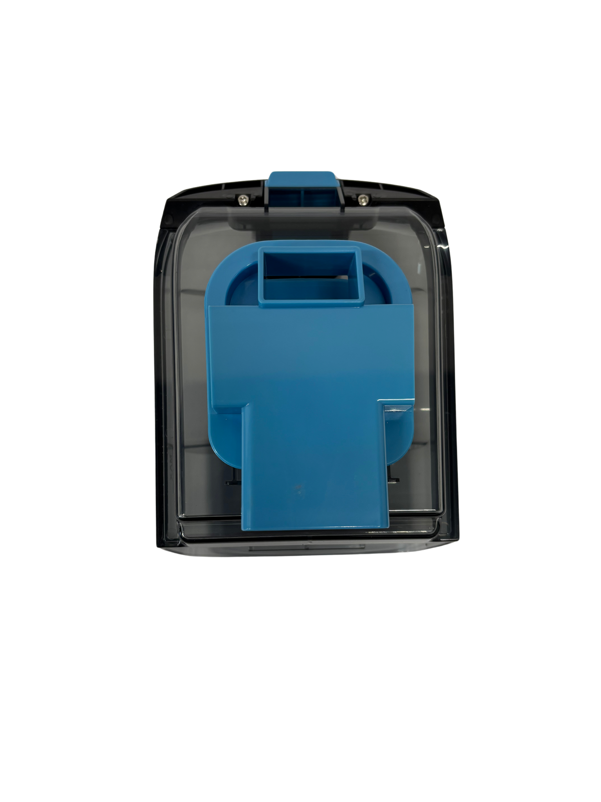 Clear plastic and blue dust container component for a bagless vacuum cleaner designed for easy removal and emptying.