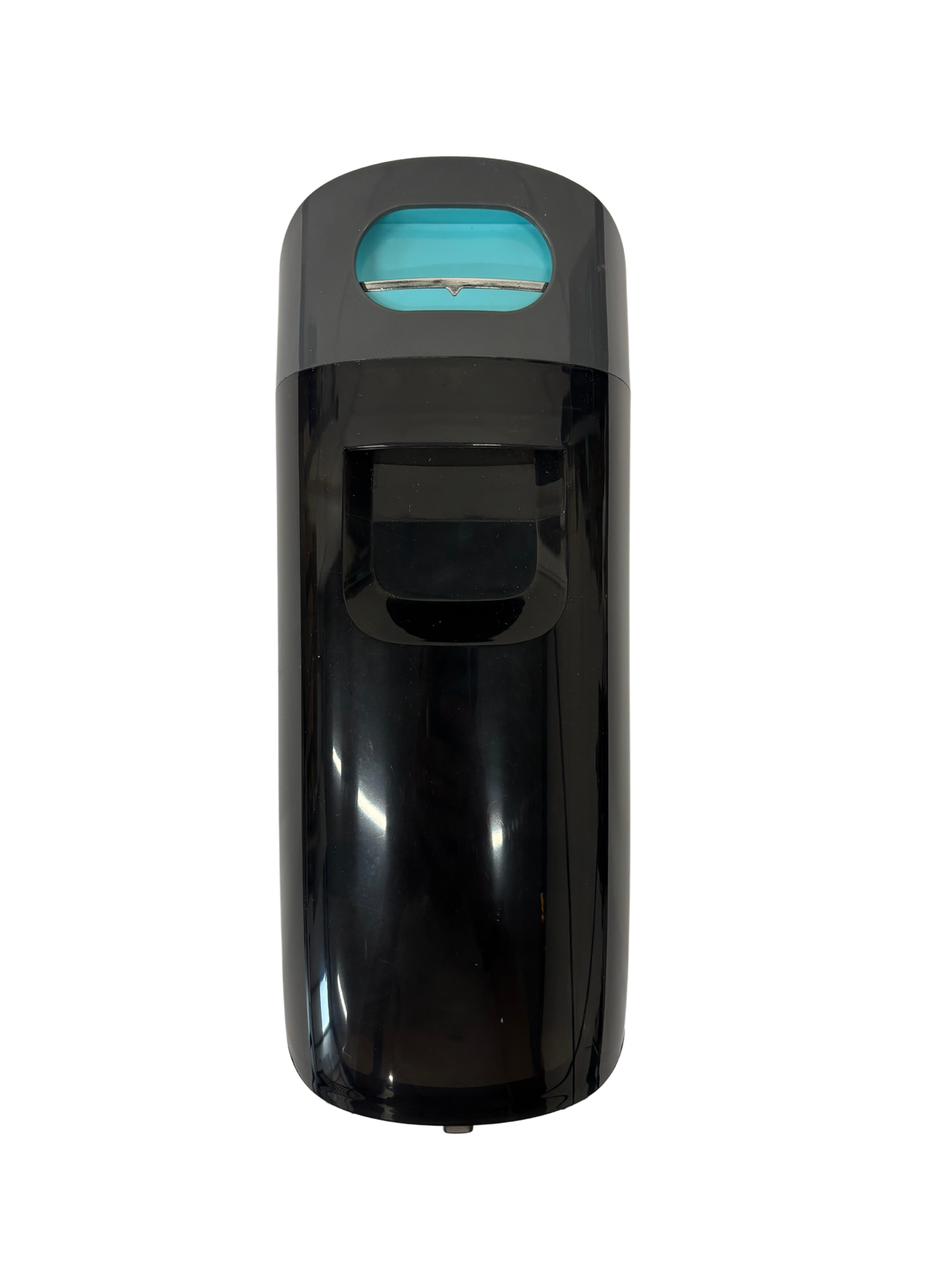 Black handheld steam cleaner with a glossy finish and a transparent blue water tank window for chemical-free cleaning and high steam pressure.
