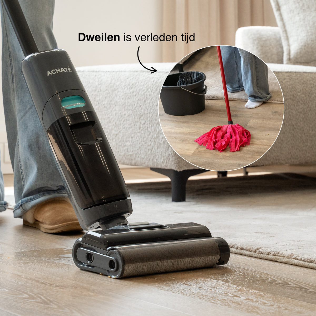 Cordless stick vacuum cleaner on hardwood floor in a living room, showing modern cleaning replacing traditional mop and bucket method.
