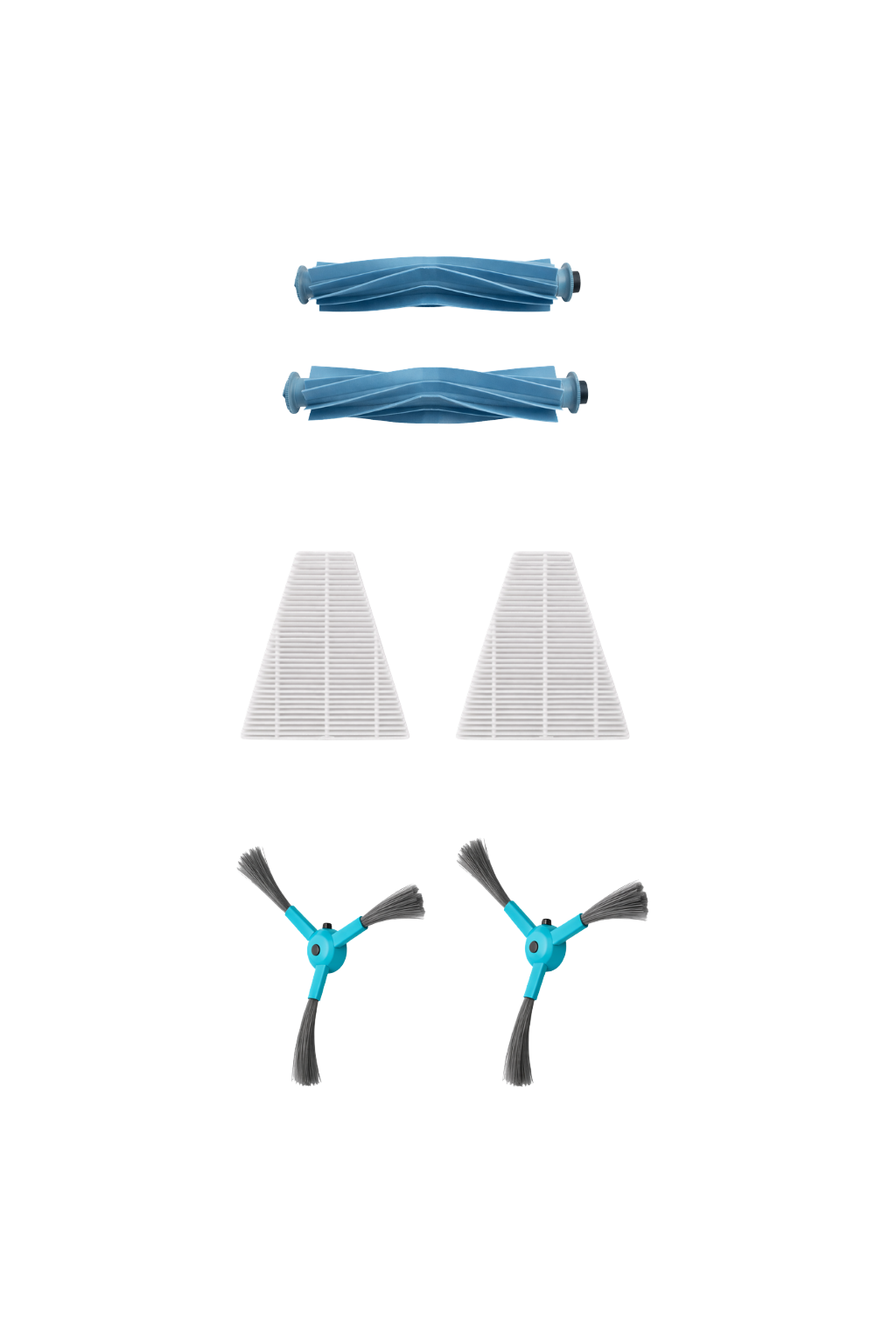 Set of replacement cleaning brushes and filters including two blue rubberized roller brushes, two white trapezoidal filters, and two three-armed side brushes for vacuum cleaners.