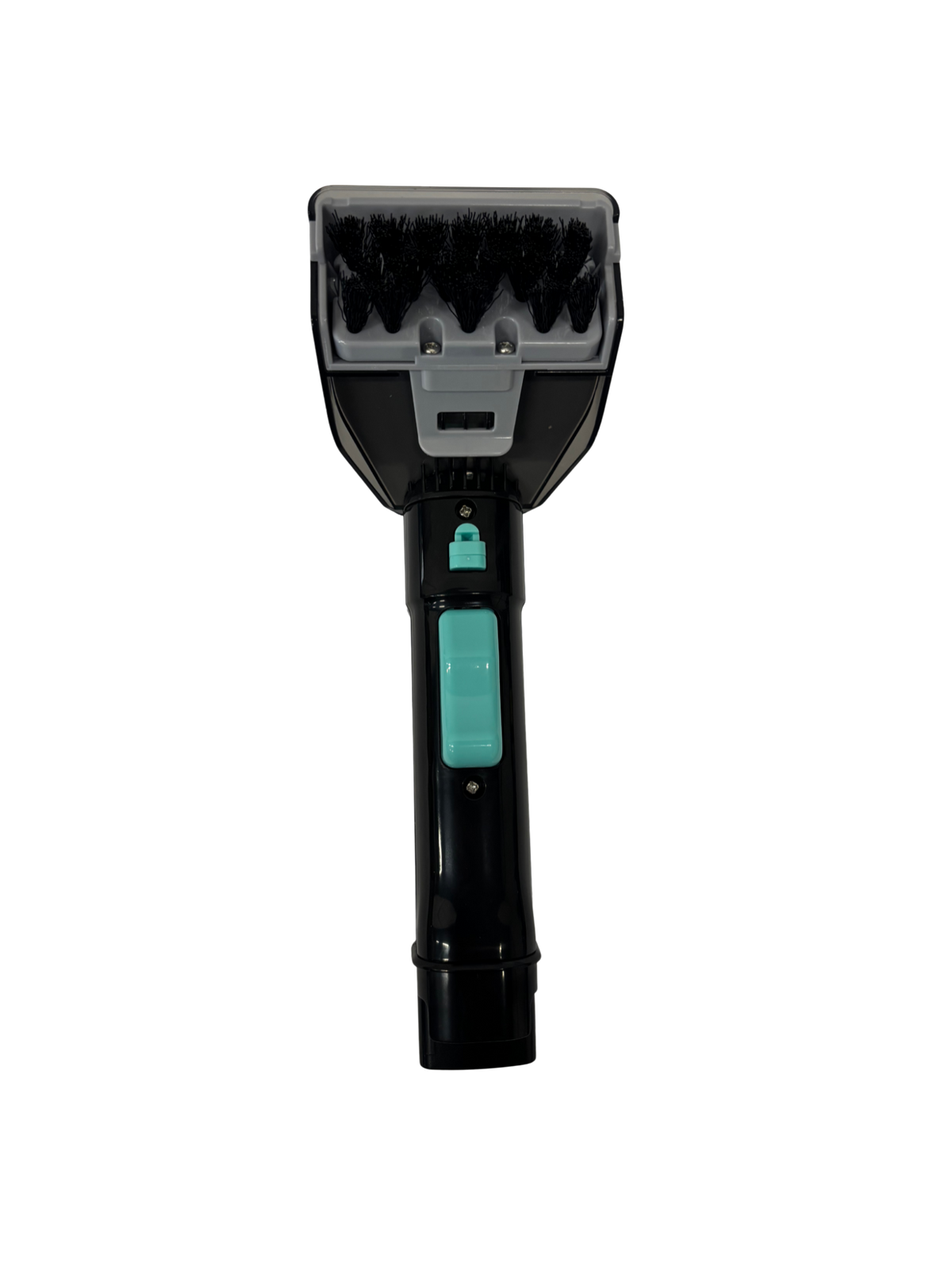Handheld steam cleaner brush attachment with black bristles, black and gray body, and turquoise control buttons for chemical-free cleaning.