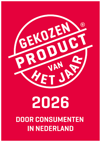 Red rectangular badge with a white circular stamp featuring Dutch text and the year 2026, indicating a consumer-chosen award in the Netherlands.