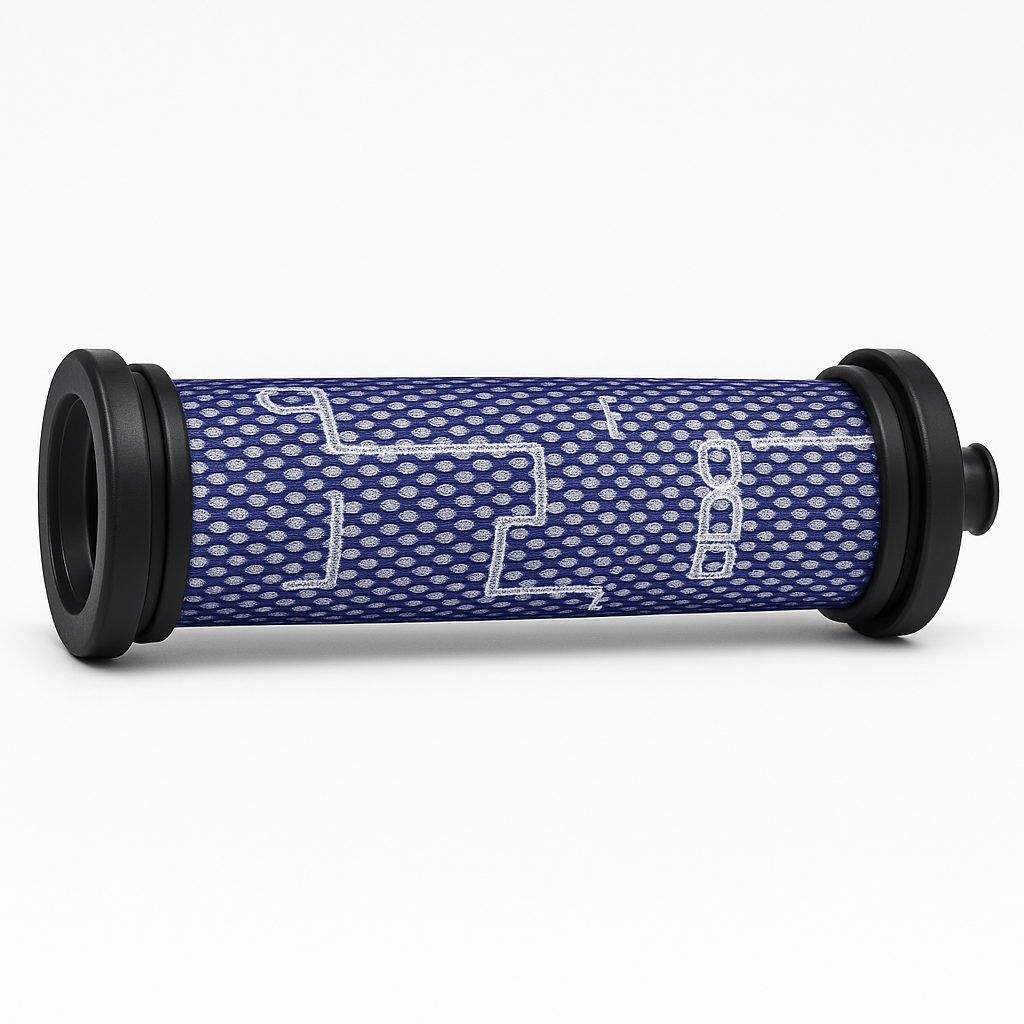 Replacement cylindrical vacuum cleaner filter with blue mesh and black plastic end caps designed for capturing fine dust and debris.