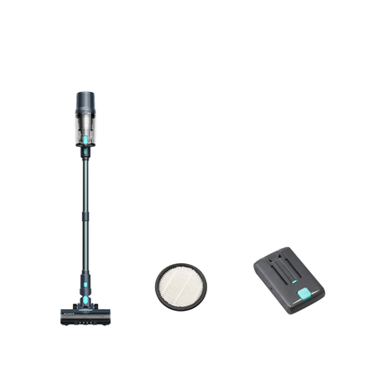 Cordless stick vacuum cleaner with slim design, cylindrical dust container, round HEPA filter, and detachable rechargeable battery pack.