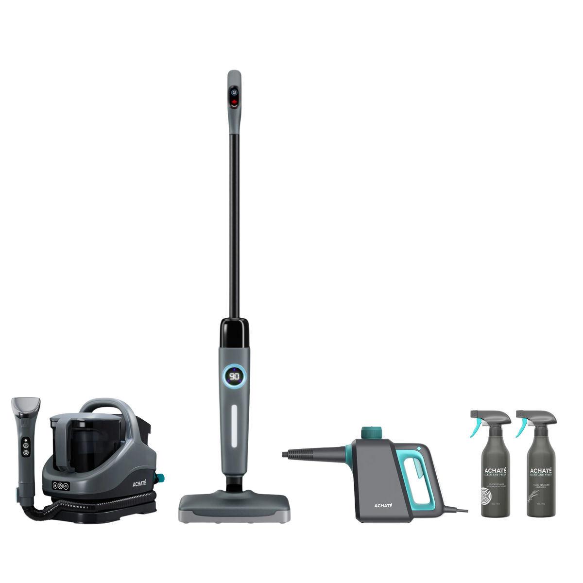 Set of professional-grade cleaning tools including a cordless stick vacuum, handheld steam cleaner, high-pressure steam mop, and two spray bottles of cleaning solution