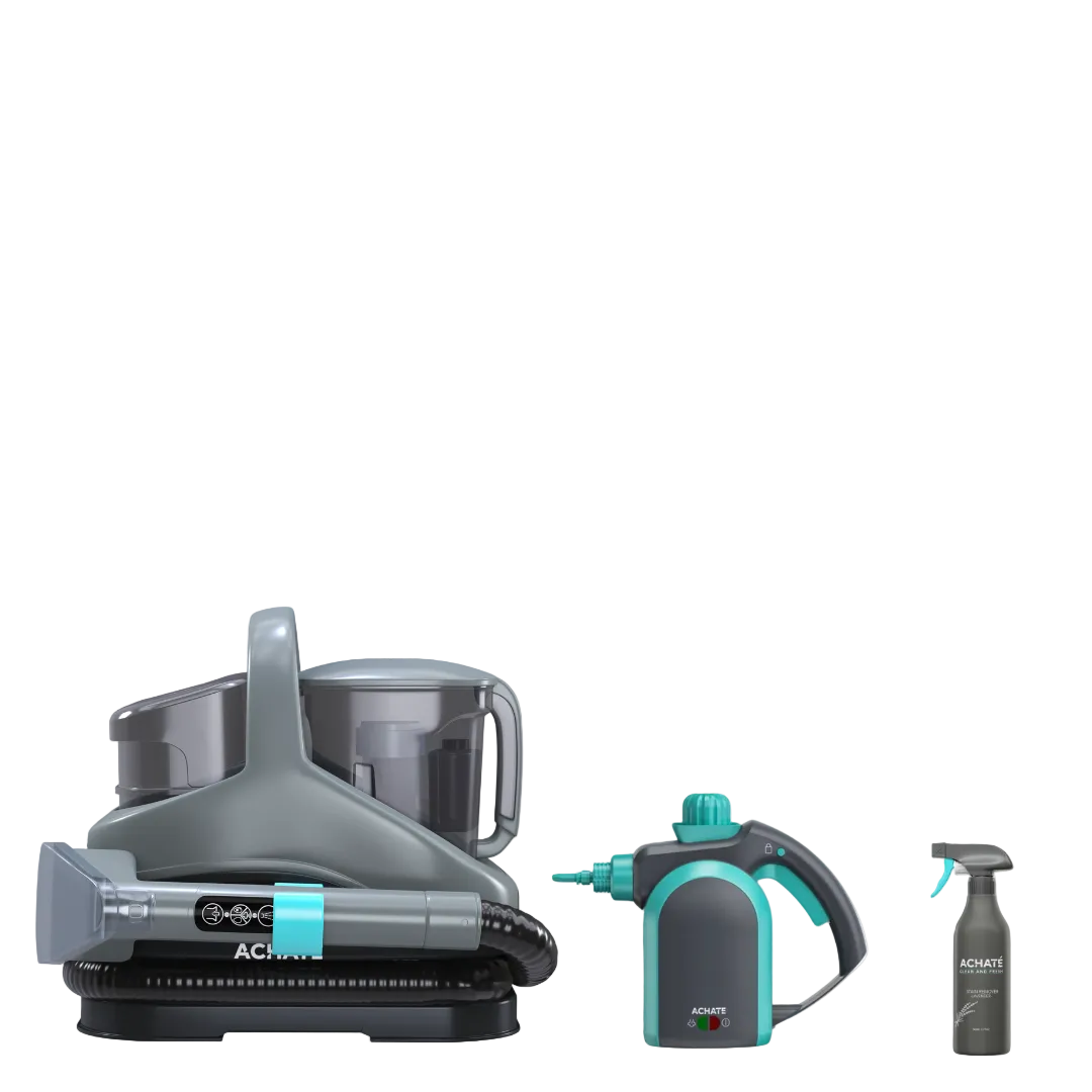 Compact professional-grade handheld steam cleaner with ergonomic handle, hose attachment, and accompanying spray bottle for chemical-free cleaning.