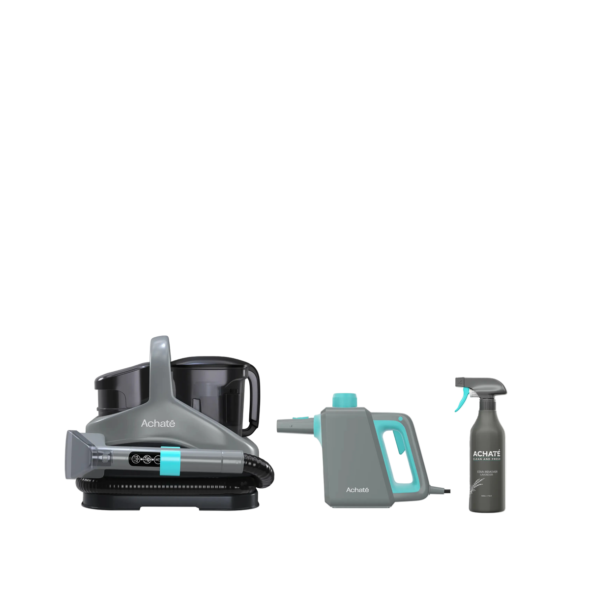Set of three multifunctional cleaning tools including a handheld steam cleaner, a spray bottle, and a compact brush unit in gray and teal colors with Achaté branding.