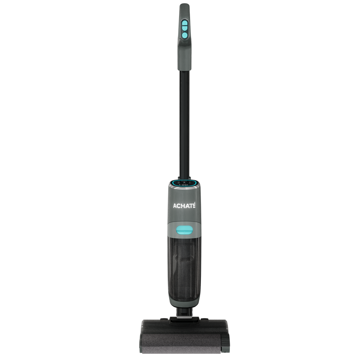 Achaté cordless stick vacuum cleaner with a bagless design and a large roller brush for multi-surface cleaning.