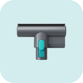 Close-up of a dark gray vacuum cleaner brush attachment with a turquoise release button, shown on a light blue background.