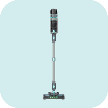 Cordless stick vacuum cleaner with a sleek design and LED lights on the cleaning head, shown against a light blue background.