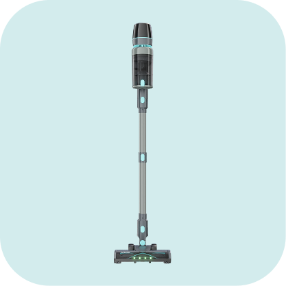 Cordless stick vacuum cleaner with a sleek design and LED lights on the cleaning head, shown against a light blue background.